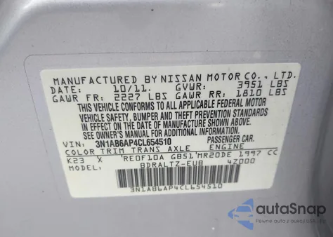 2012 Nissan Sentra 2.0 S z USA, uszkodzony, nr VIN 3N1AB6AP4CL654510